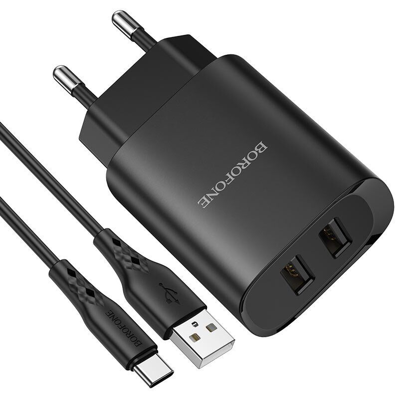 Мережевий зарядний пристрій Borofone BN2 2*USB 2,1A + кабель USB - Type-C, чорний