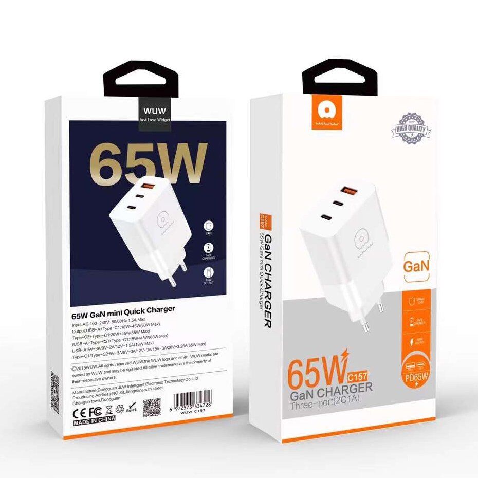 Мережевий зарядний пристрій WUW C157 GAN 65W USB + 2 TYPE-C