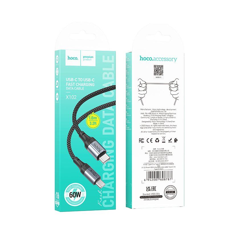 USB-C кабель HOCO X102 Fresh 60W Type-C - Type-C, 1м, чорний