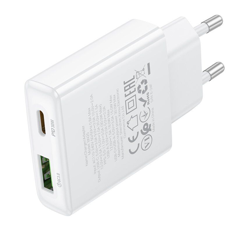 Мережевий зарядний пристрій BOROFONE BN25 PD 30W + QC3.0, білий