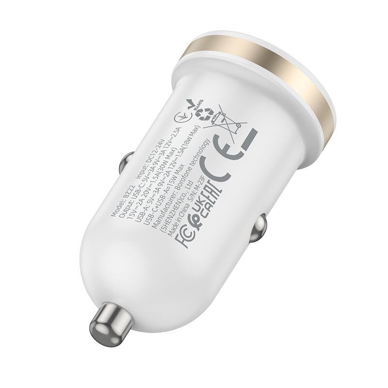 Автомобільний зарядний пристрій BOROFONE BZ22 Scenery TYPE-C PD 30W + USB QC3.0, білий