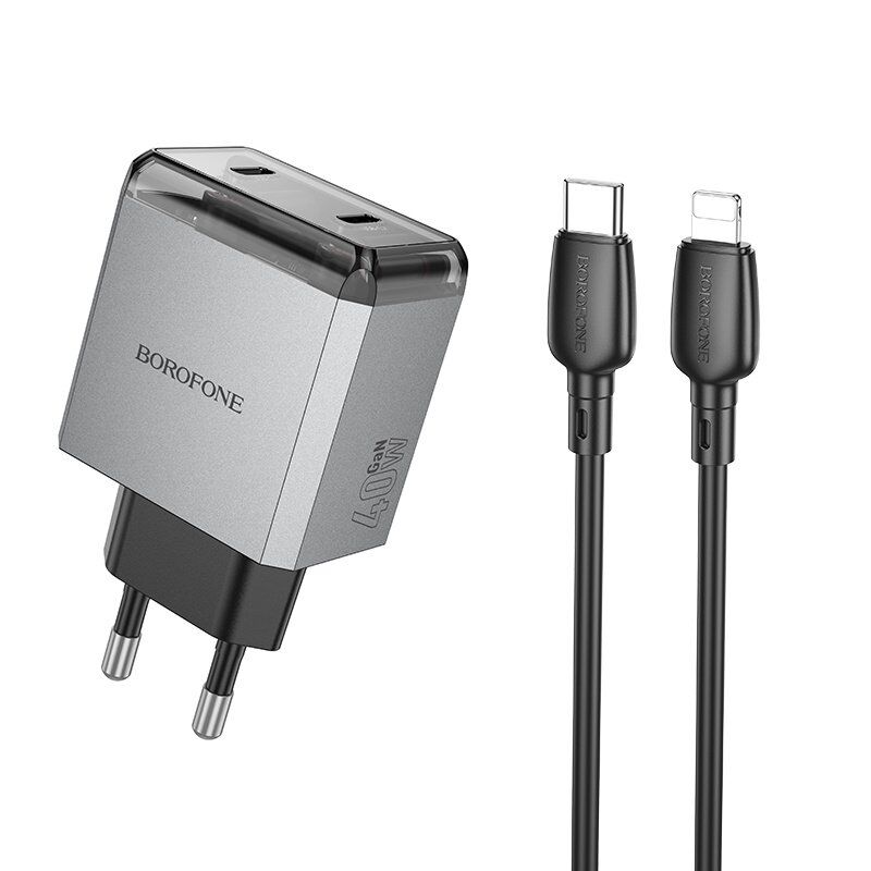 Мережевий зарядний пристрій BOROFONE BN21 Lena PD 40W (2×USB-C) + кабель Type-C - Lightning (iP), EU