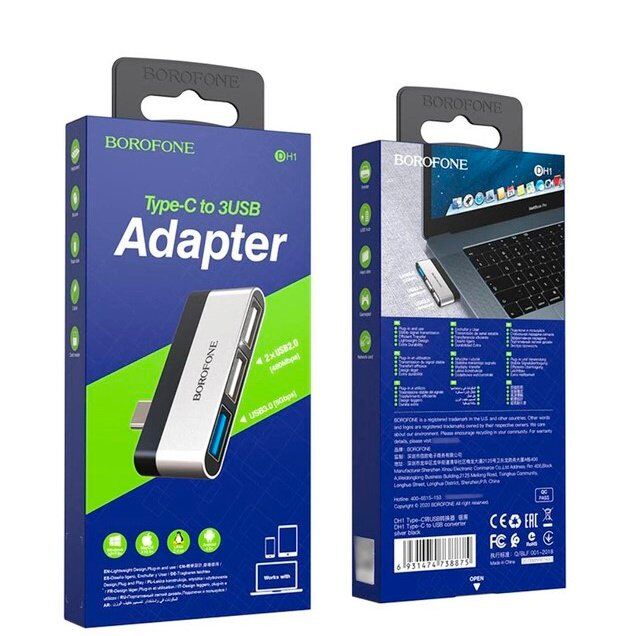 Перехідник BOROFONE DH1 USB HUB з Type-C на 1 USB (3.0) та 2 USB (2.0)