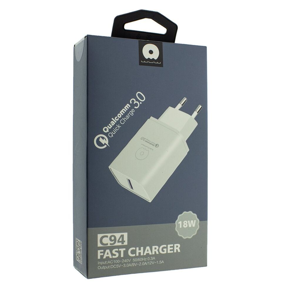 Зарядний пристрій WUW C94 1 USB (18W) Qualcomm 3.0 FAST CHARGER БІЛИЙ