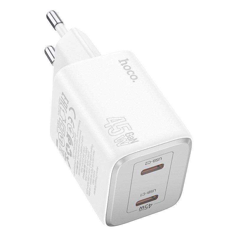 Мережевий зарядний пристрій HOCO N42 2 TYPE-C PD 45W, БІЛИЙ