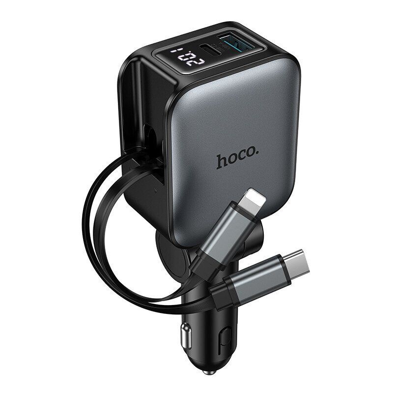 Автомобільний зарядний пристрій HOCO Z67A Triunfar PD 60W / USB-C + USB QC3.0 / вбудовані кабелі Type-C та Lightning, сірий