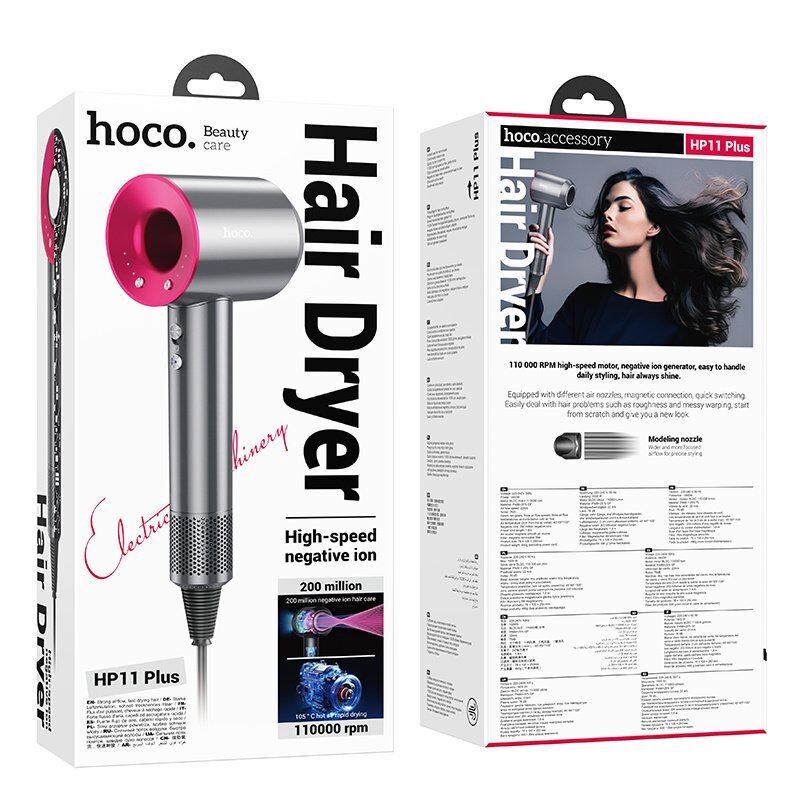 Високошвидкісний фен HOCO HP11 Plus з функцією негативної іонізації, 1600 Вт, ROSE RED