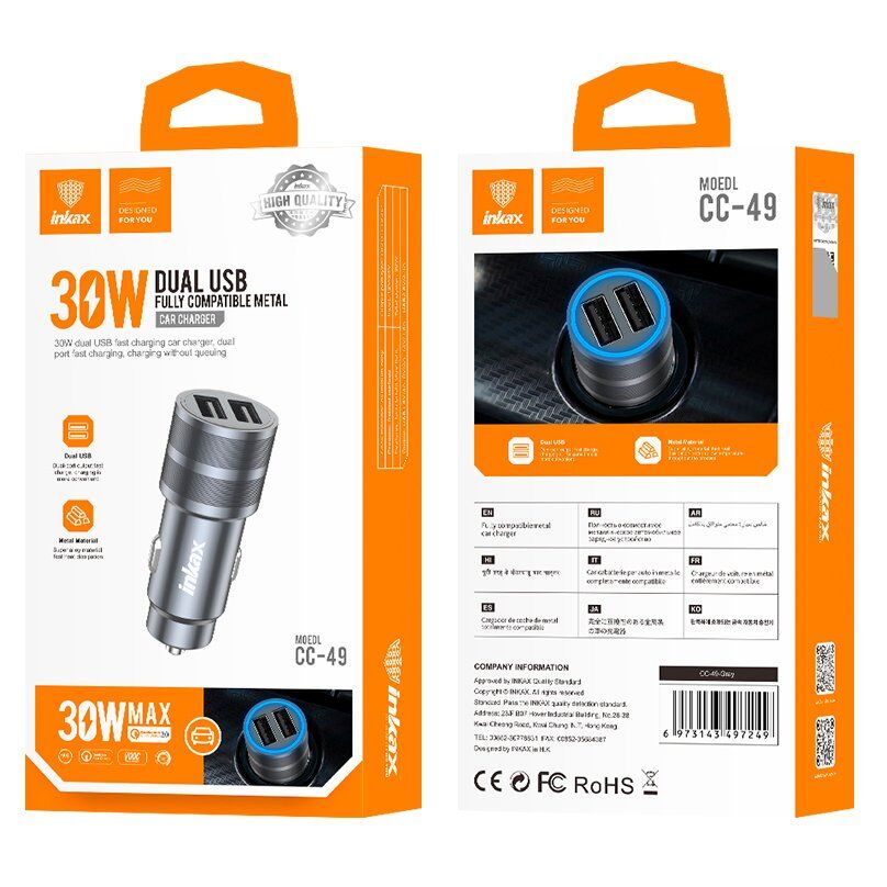 Автомобільний зарядний пристрій INKAX CC-49 1 USB QC 3.0 18W | 1 USB 2.4A 12W