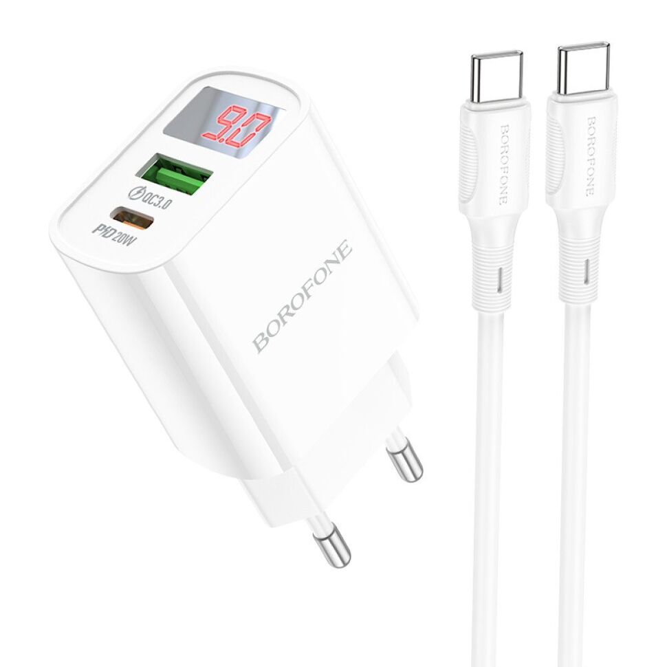Мережевий зарядний пристрій BOROFONE BA78A Golden grid dual-port PD20W+QC3.0 charger with digital display + кабель TYPE-C - TYPE-C