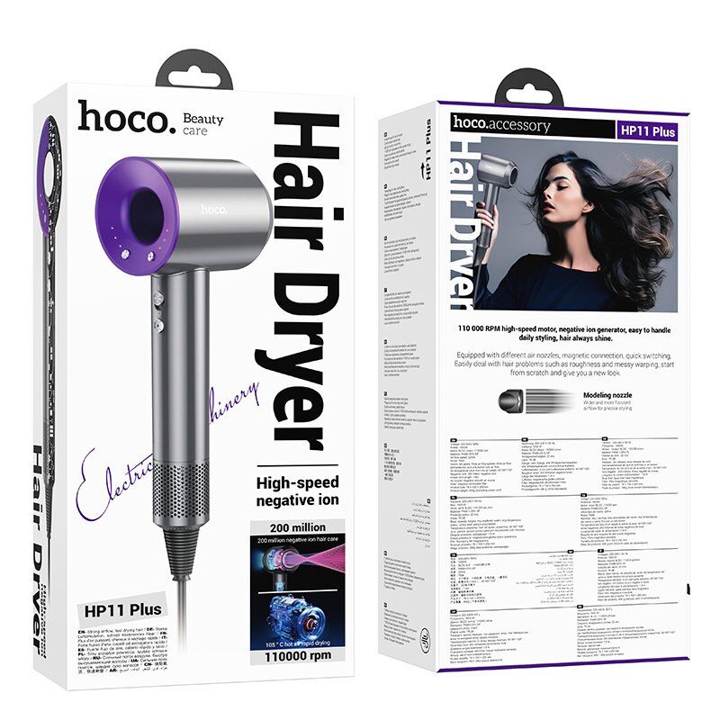Високошвидкісний фен HOCO HP11 Plus з функцією негативної іонізації, 1600 Вт, ФІОЛЕТОВИЙ
