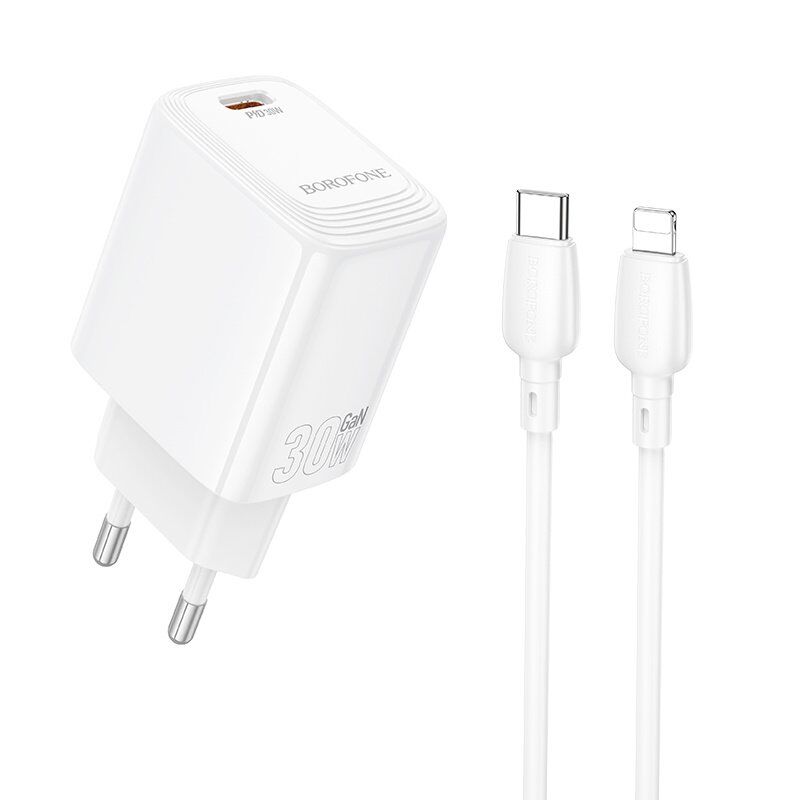 Мережевий зарядний пристрій BOROFONE BN28 PD 30W + кабель TYPE-C - LIGHTNING, білий