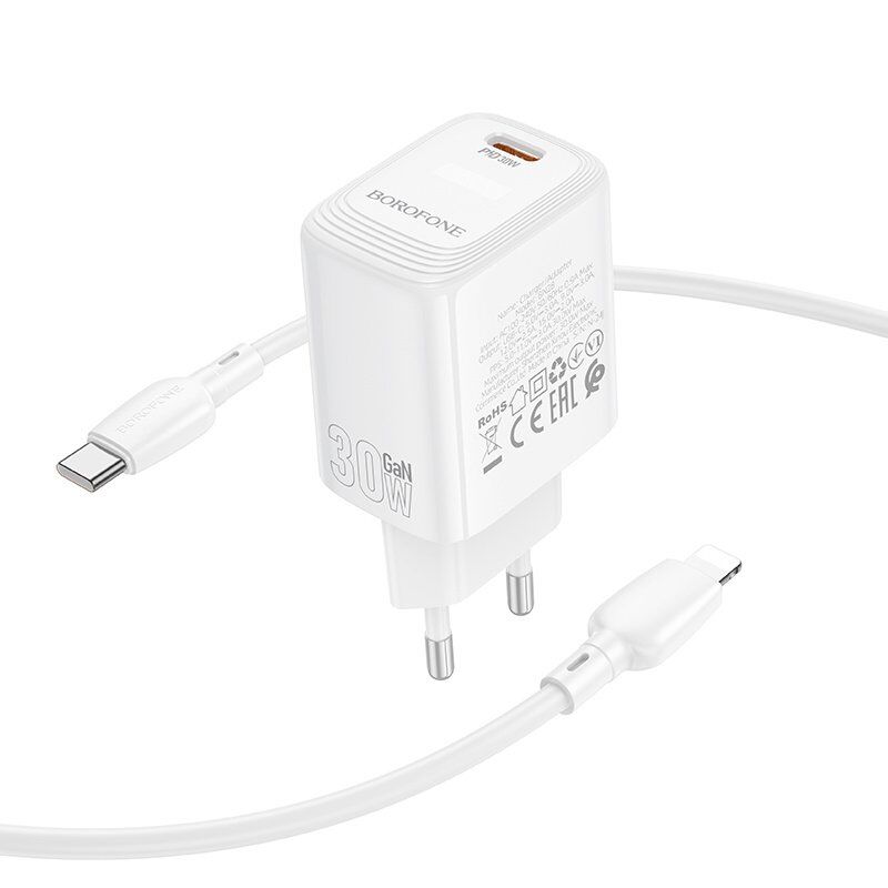 Мережевий зарядний пристрій BOROFONE BN28 PD 30W + кабель TYPE-C - LIGHTNING, білий