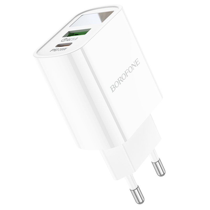 Мережевий зарядний пристрій BOROFONE BA78A Golden grid dual-port PD20W+QC3.0 charger with digital display(EU)