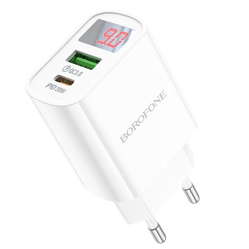 Мережевий зарядний пристрій BOROFONE BA78A Golden grid dual-port PD20W+QC3.0 charger with digital display(EU)