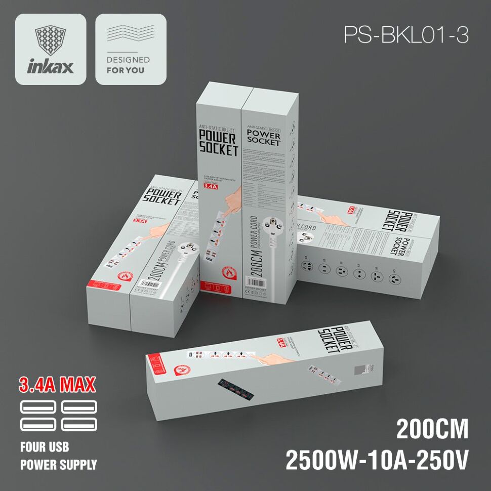 Мережевий фільтр з usb INKAX PS-BKL01-3 2 МЕТРИ з 4 USB 3.4A