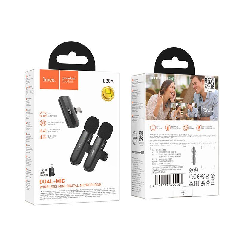 Бездротовий петличний мікрофон HOCO L20A Fair dual-mic Lightning / TYPE-C