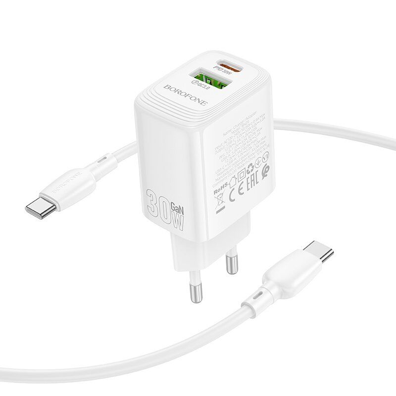 Мережевий зарядний пристрій BOROFONE BN29 TYPE-C PD 30W / USB QC3.0 + кабель TYPE-C - TYPE-C, білий