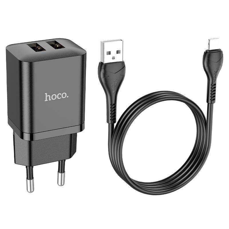 Мережевий зарядний пристрій HOCO N25 2*USB 2,1A + кабель USB - Lightning, чорний