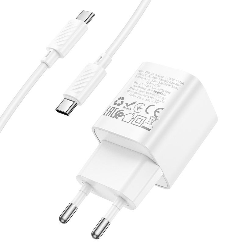 Мережевий зарядний пристрій HOCO C146A Charm TYPE-C PD 20W + кабель TYPE-C-TYPE-C, білий