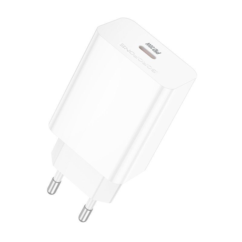 Мережевий зарядний пристрій BOROFONE BA21A PRO TYPE-C PD 20W + кабель TYPE-C - LIGHTNING, БІЛИЙ