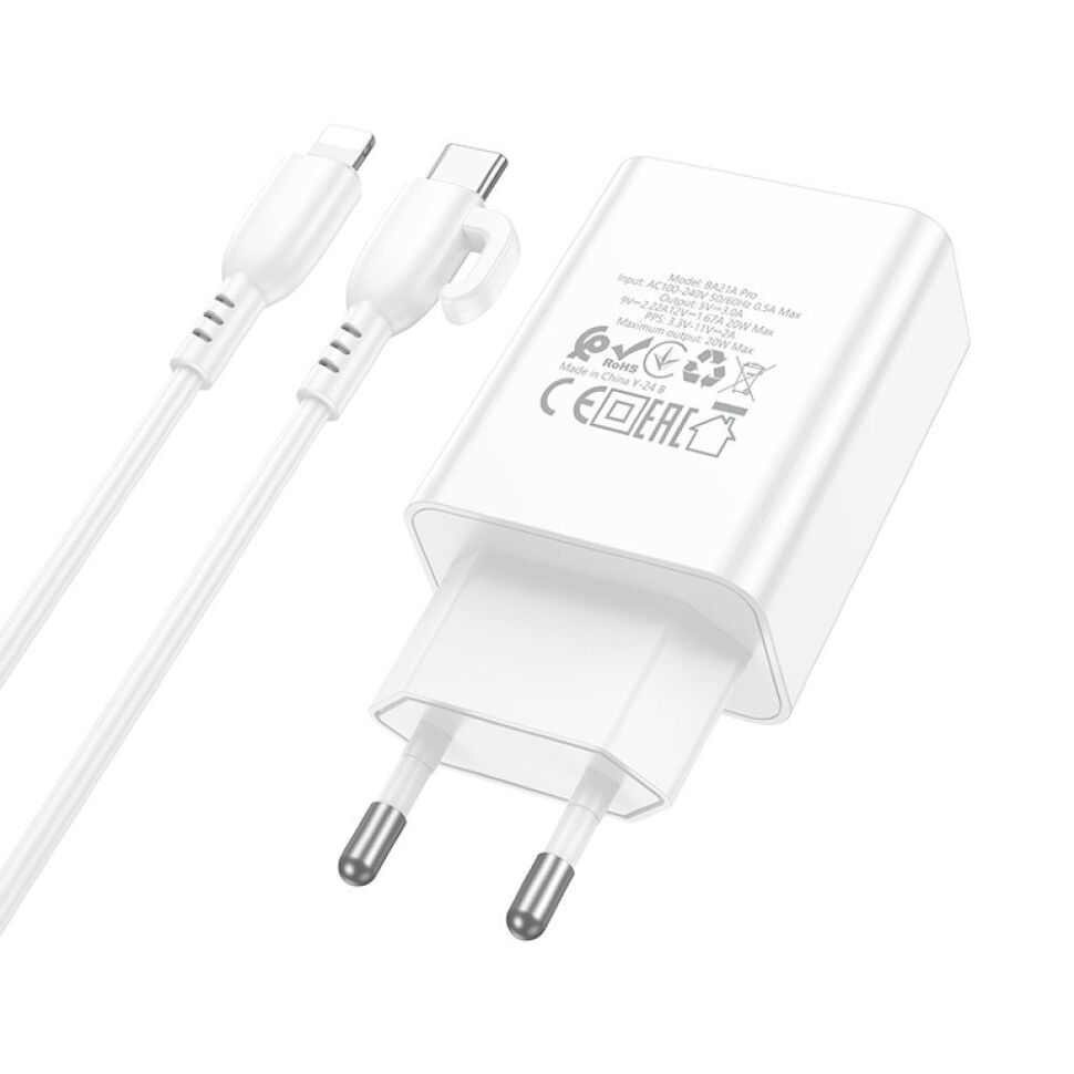 Мережевий зарядний пристрій BOROFONE BA21A PRO TYPE-C PD 20W + кабель TYPE-C - LIGHTNING, БІЛИЙ