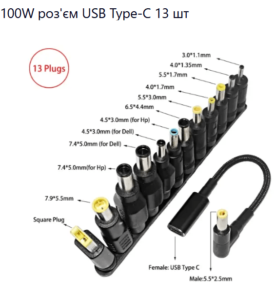 Кабель питания для ноутбука угловой PD (мама) короткий 100 Вт 5.5*2.5 + 12 переходников