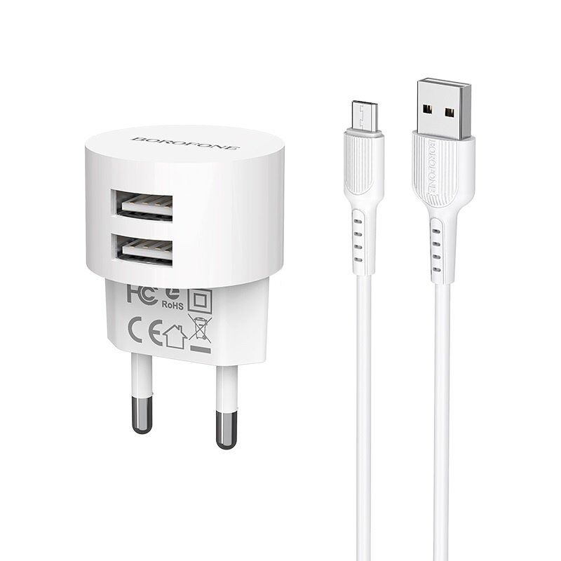 Мережевий зарядний пристрій BOROFONE BA23A Brilliant dual USB 2.4A + кабель USB - MICRO