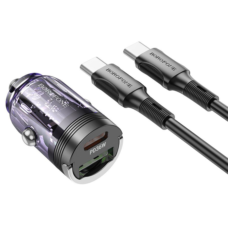 Автомобільний зарядний пристрій BOROFONE BZ29A PD 36W TYPE-C / USB QC3.0 + кабель TYPE-C - TYPE-C фіолетовий