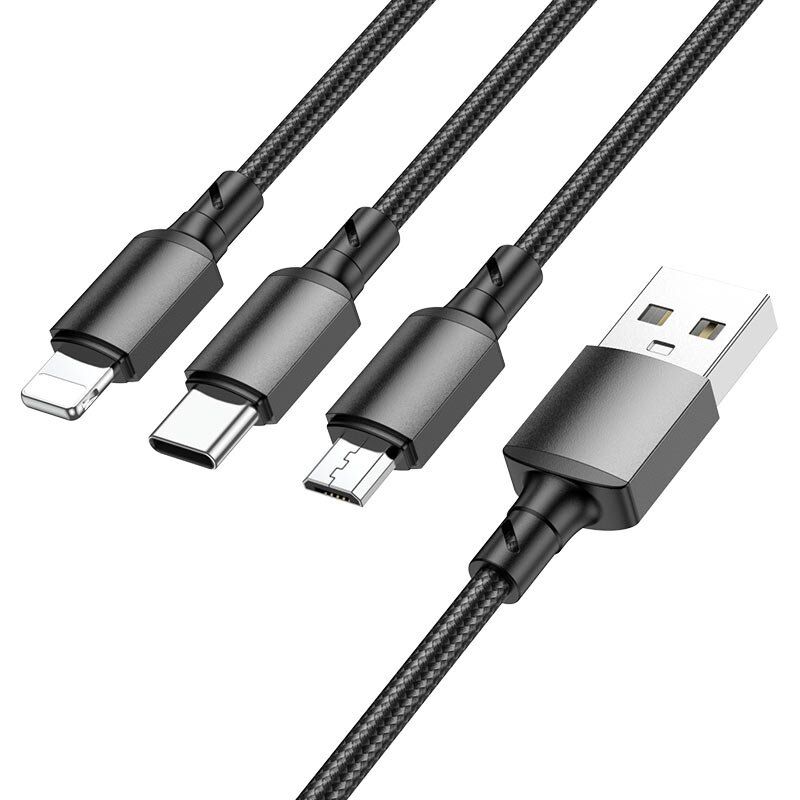 USB кабель BOROFONE BX72 charging data 3in1 USB - Type-C/MicroUSB/Lightning, чорний