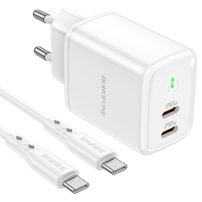 Мережевий зарядний пристрій BOROFONE BN9 Reacher 2*Type-C PD 35W + кабель TYPE-C - TYPE-C, білий