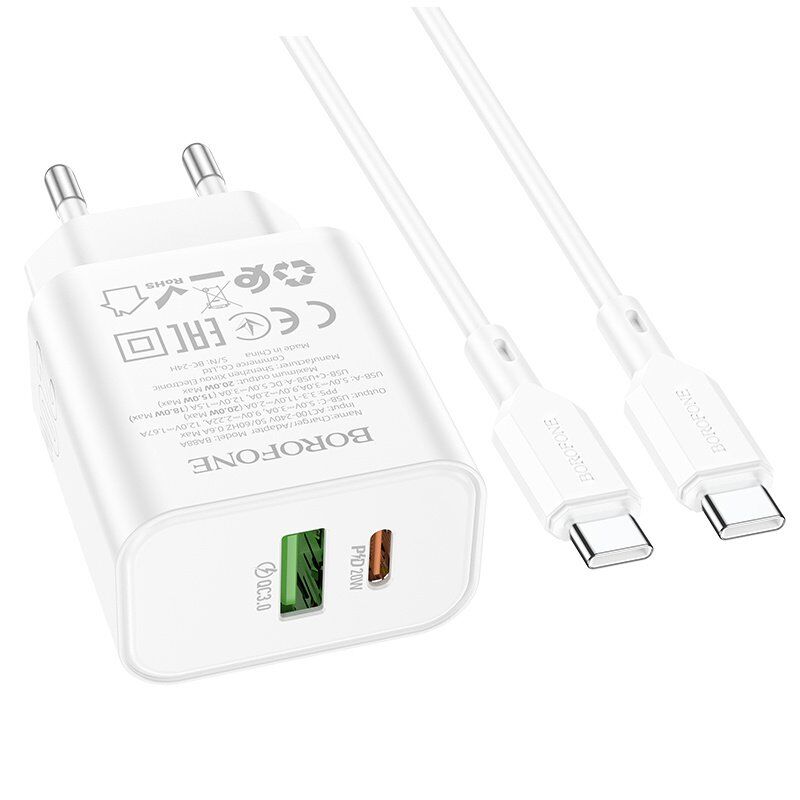 Мережевий зарядний пристрій BOROFONE BA88A TYPE-C PD 20W / USB QC3.0 + кабель TYPE-C - TYPE-C, білий