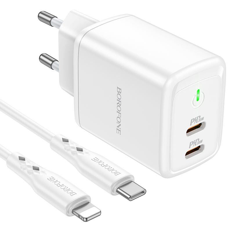 Мережевий зарядний пристрій BOROFONE BN9 Reacher 2*Type-C PD 35W + кабель TYPE-C - LIGHTNING, білий