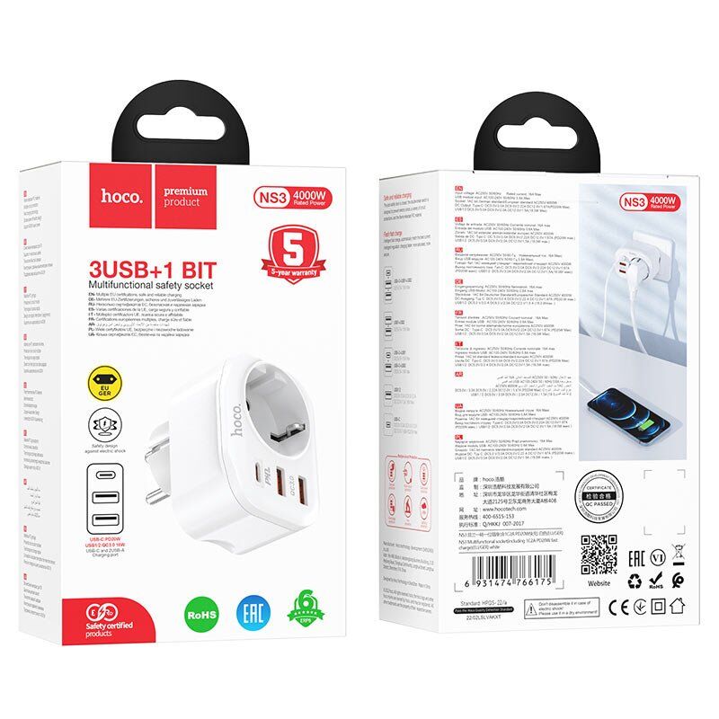 Мережевий зарядний пристрій HOCO NS3 з розеткою TYPE-C PD 20W + 2 USB QC 3.0 БIЛИЙ