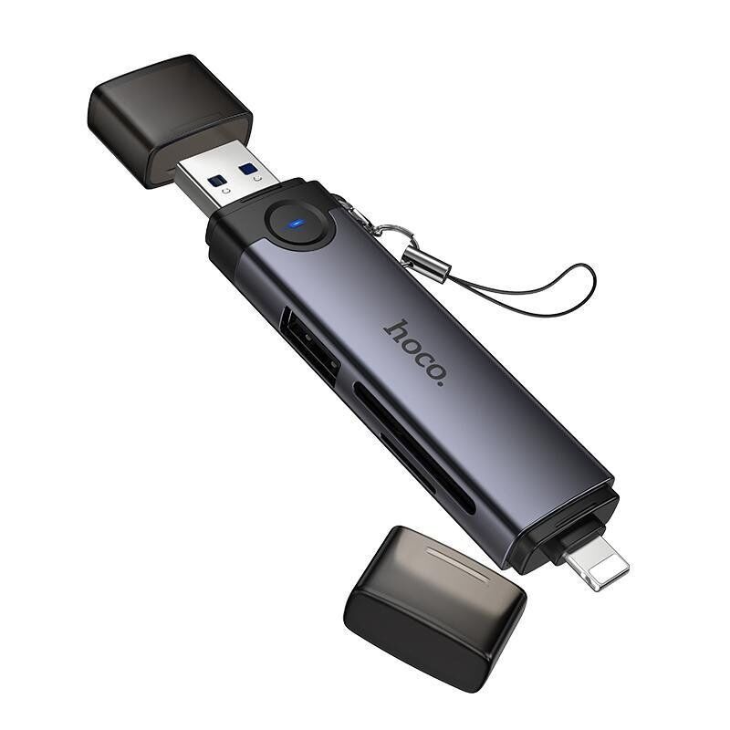 Кардридер HOCO HB56A 3-в-1 USB-A / Lightning  -  SD + TF + USB 2.0, сірий