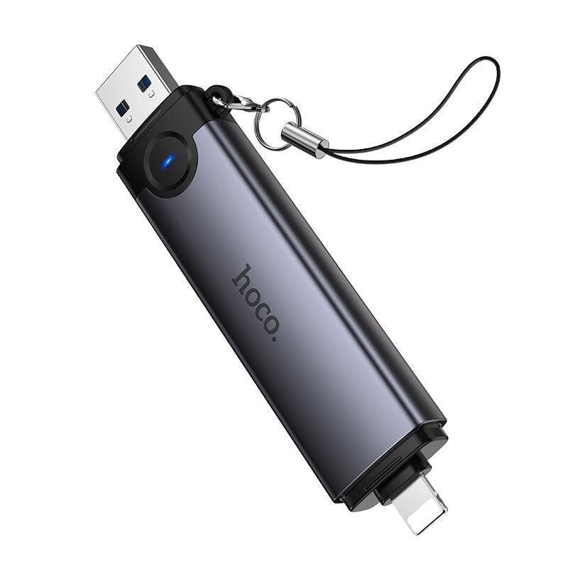 Кардридер HOCO HB56A 3-в-1 USB-A / Lightning  -  SD + TF + USB 2.0, сірий