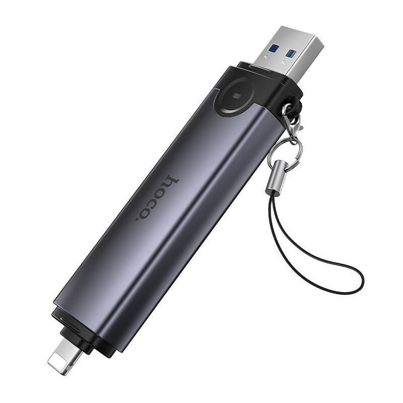 Кардридер HOCO HB56A 3-в-1 USB-A / Lightning  -  SD + TF + USB 2.0, сірий
