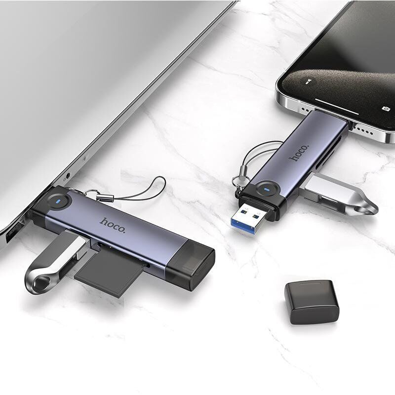 Кардридер HOCO HB56A 3-в-1 USB-A / Lightning  -  SD + TF + USB 2.0, сірий