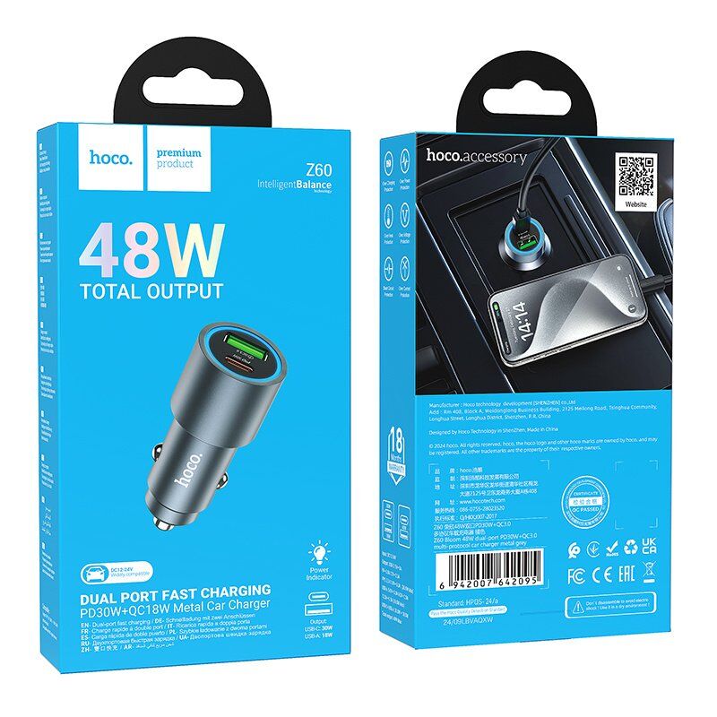 Автомобільний зарядний пристрій HOCO Z60 Type-C PD 30W + USB QC3.0, чорний