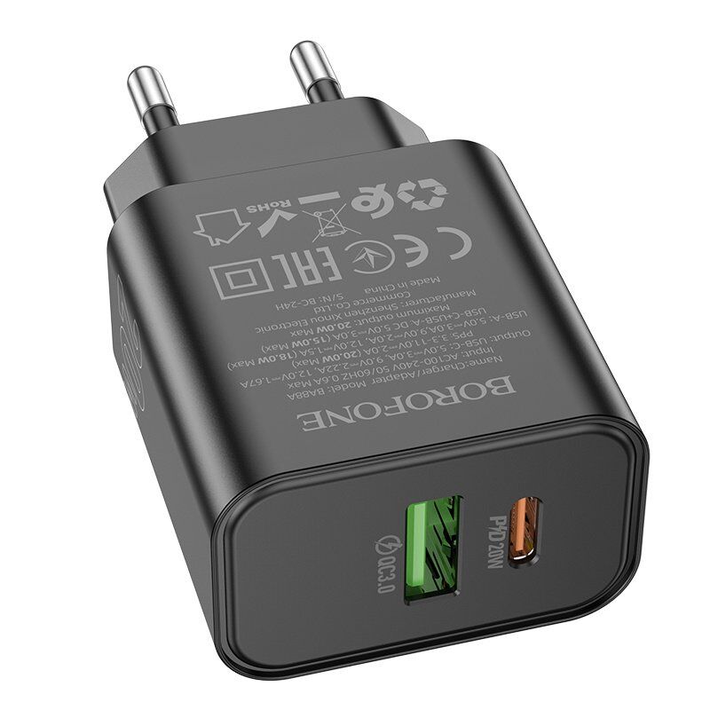 Мережевий зарядний пристрій BOROFONE BA88A TYPE-C PD 20W + USB QC3.0, чорний