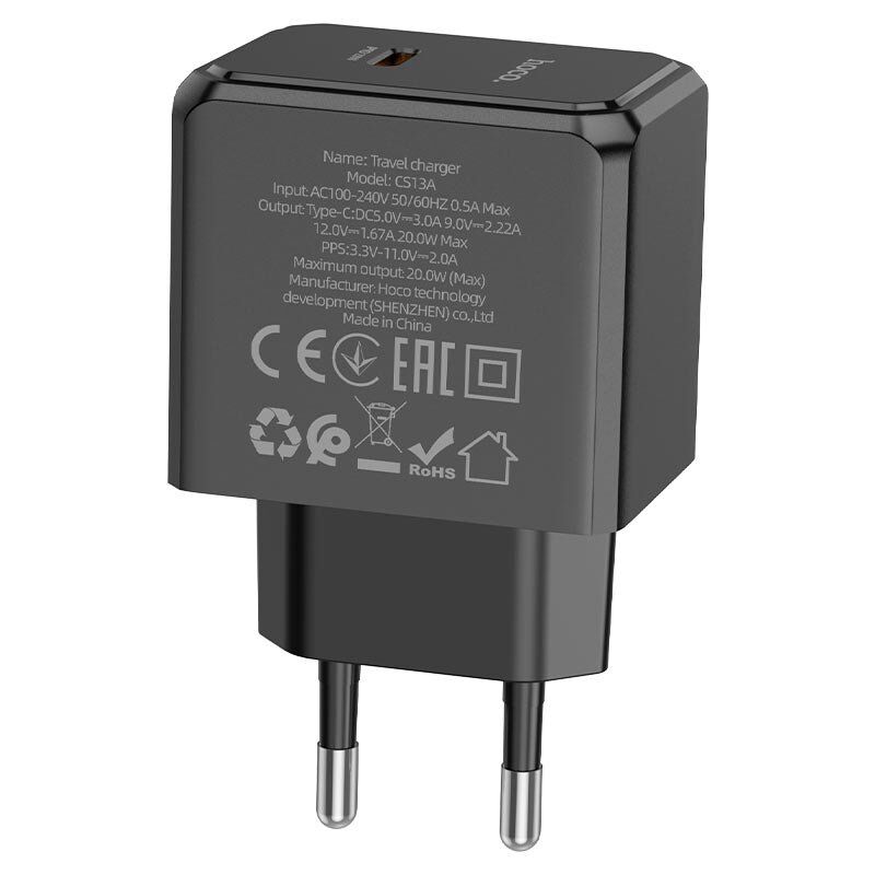 Мережевий зарядний пристрій HOCO CS13A PD 20W TYPE-C ЧОРНИЙ