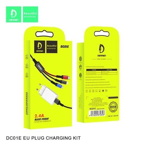 Мережевий зарядний пристрій DENMEN DC01E 2.4A 3В1 1USB + USB Lightning | Micro | Type-C БІЛИЙ