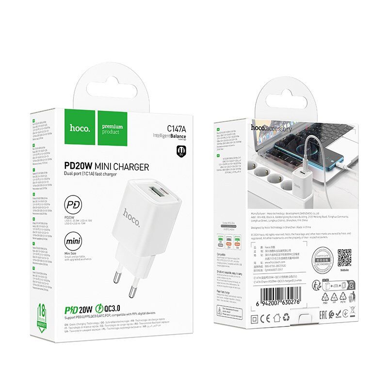 Мережевий зарядний пристрій HOCO C147A TYPE-C PD 20W + USB QC3.0, БІЛИЙ