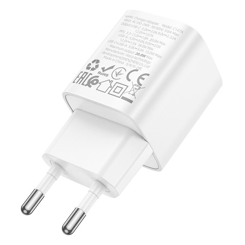 Мережевий зарядний пристрій HOCO C147A TYPE-C PD 20W + USB QC3.0, БІЛИЙ