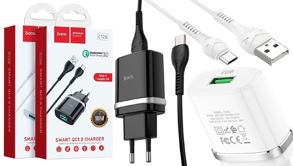 Мережевий зарядний пристрій HOCO C12Q Smart USB QC3.0 + кабель USB - MicroUSB, чорний