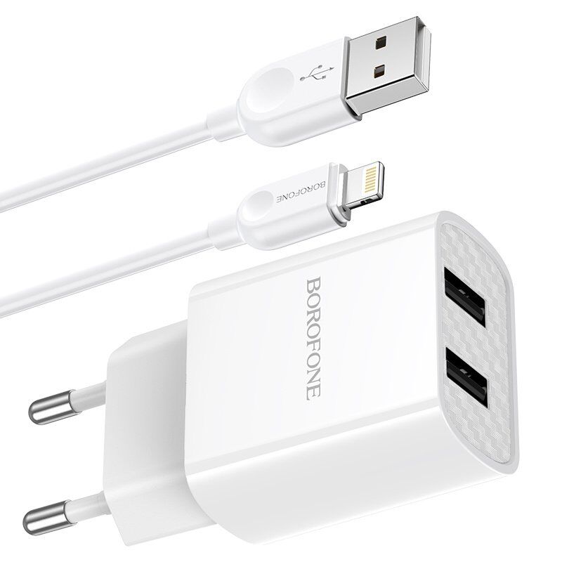 Мережевий зарядний пристрій Borofone BA53A 2*USB 2,1A + кабель USB - Lightning, білий