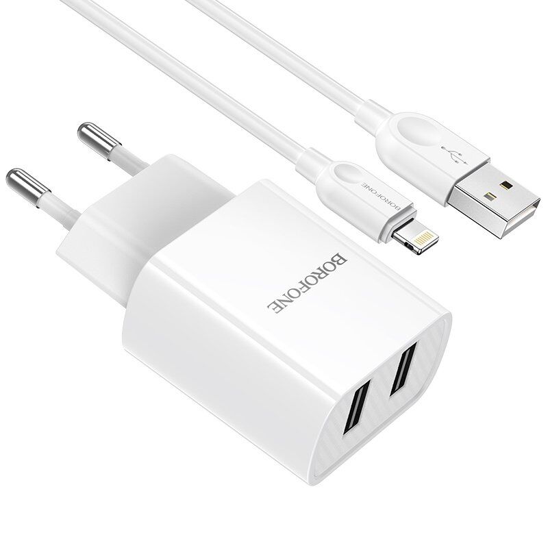 Мережевий зарядний пристрій Borofone BA53A 2*USB 2,1A + кабель USB - Lightning, білий