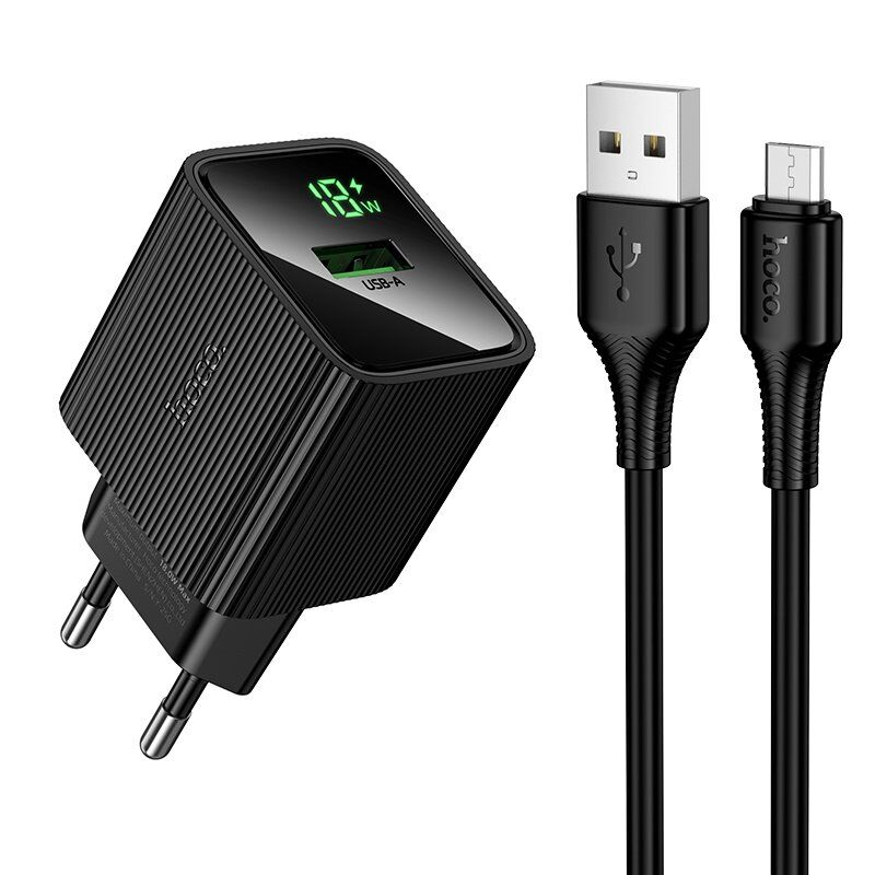 Мережевий зарядний пристрій HOCO CS81A Excellent QC3.0 з цифровим дисплеєм + кабель USB - MICRO, чорний
