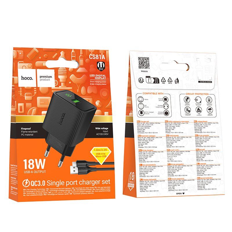 Мережевий зарядний пристрій HOCO CS81A Excellent QC3.0 з цифровим дисплеєм + кабель USB - MICRO, чорний