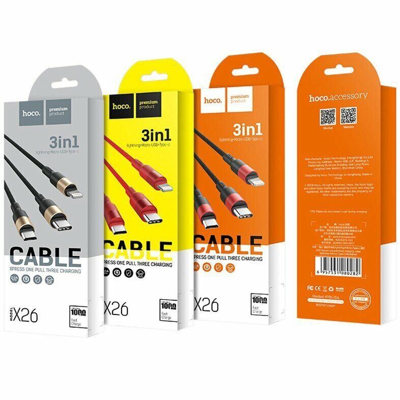 USB Кабель HOCO X26 3in1 USB - Lightning + MicroUSB + Type-C 1М, чорно-червоний