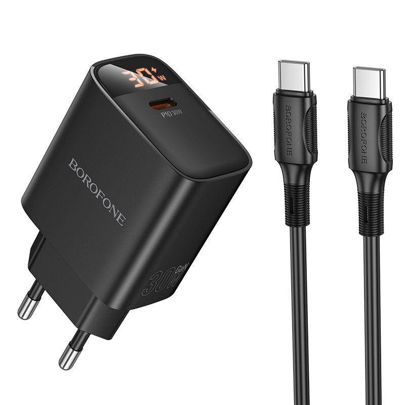 Мережевий зарядний пристрій BOROFONE BA97A TYPE-C PD 30W + кабель TYPE-C - TYPE-C, чорний